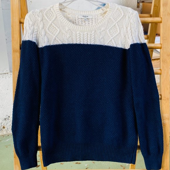 Madewell Navy/White Colorblock Cableknit Pullover Sweater (size XS) - Picture 5 of 9
